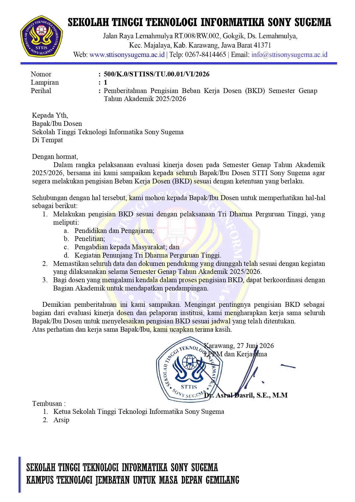 Pengumuman Nomor: 500/K.0/STTISS/TU.00.01/VI/2026 Pemberitahuan Pengisian Beban Kerja Dosen (BKD) Semester Genap Tahun Akademik 2025-2026