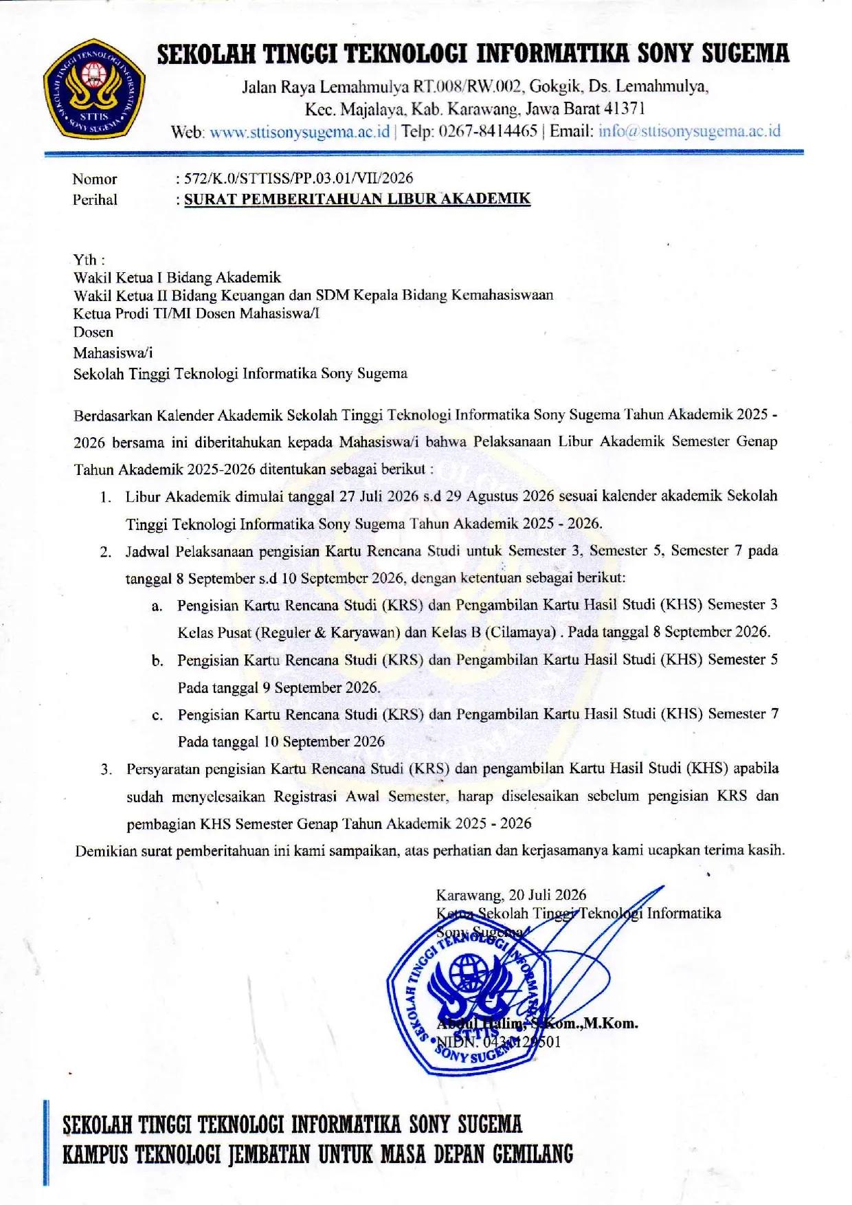 Pengumuman Nomor: 572/K.0/STTISS/PP.03.01/VII/2026 Surat Pemberitahuan Libur Akademik